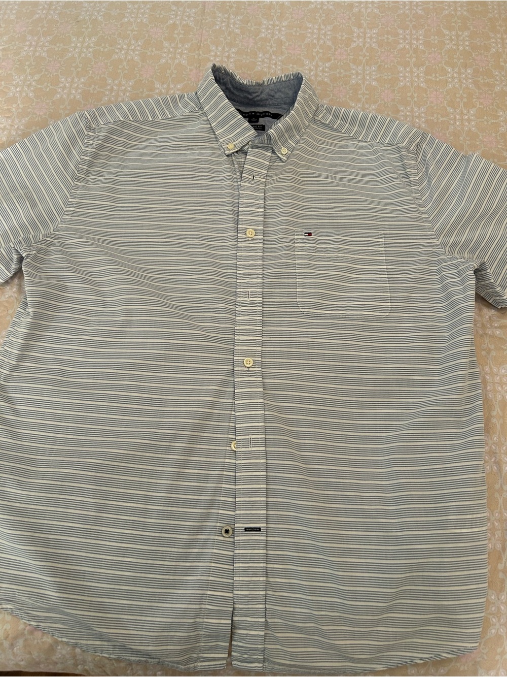Tommy Hilfiger Light Blue and White Striped Short-Sleeve Button-Down Shirt